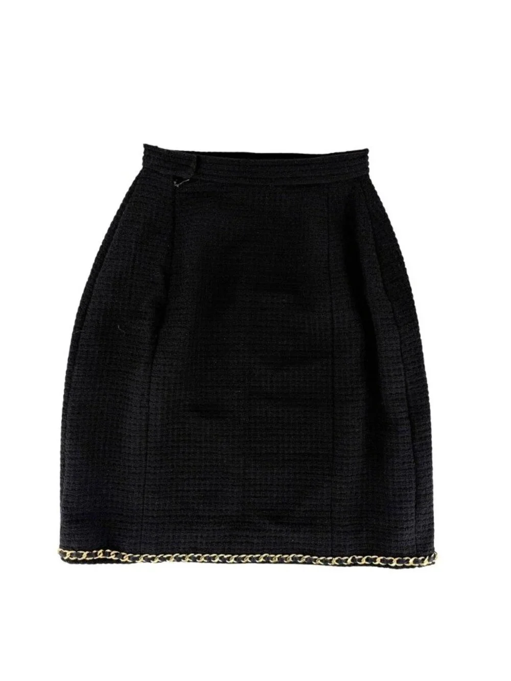 Chanel Set CC Logo Chain Collarless Jacket Skirt Vintage 38 Black Gold Wool